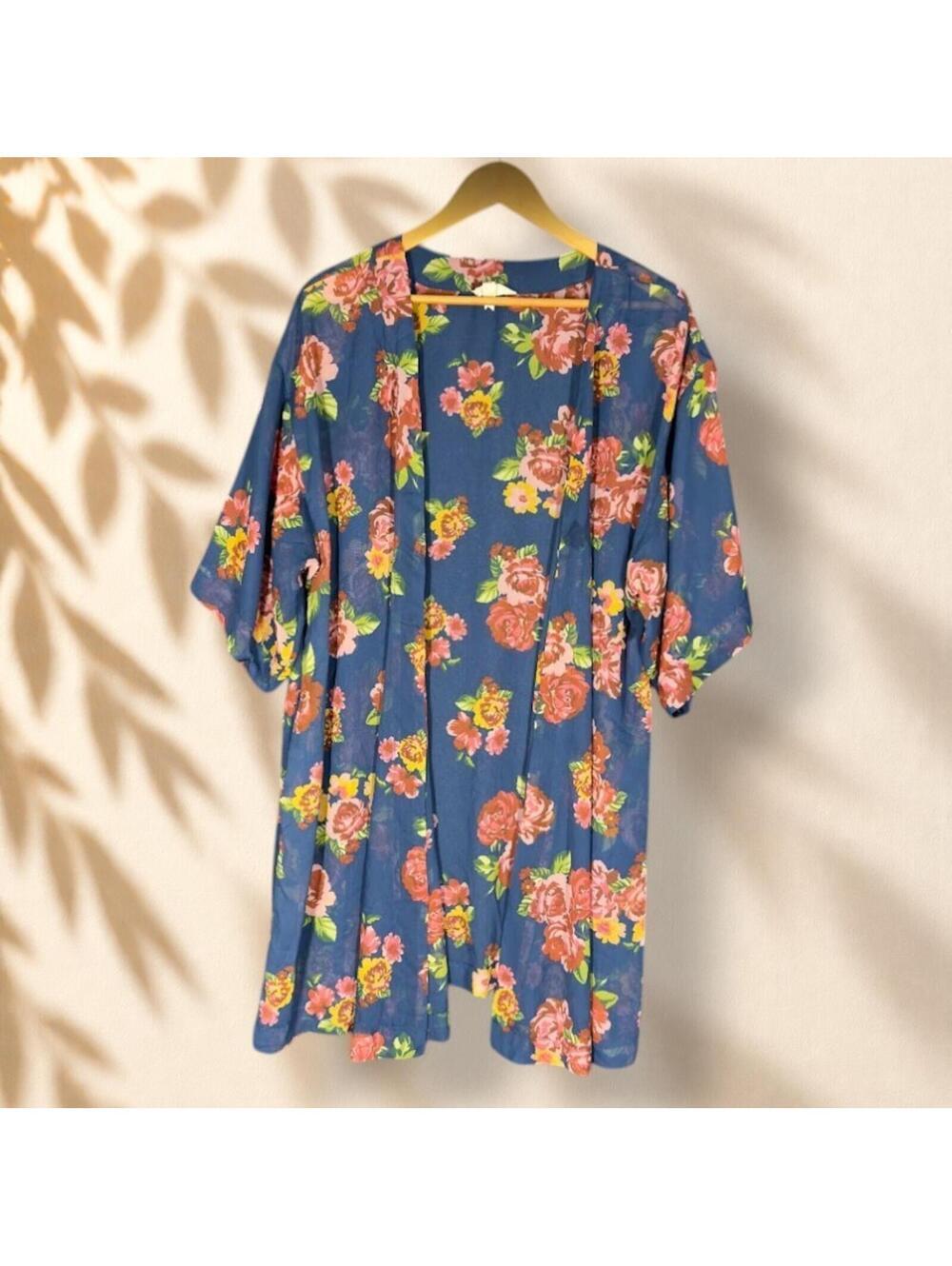 Matilda Jane Top Women M/L Blue Floral Open Front Short Sleeve Breathable Casual